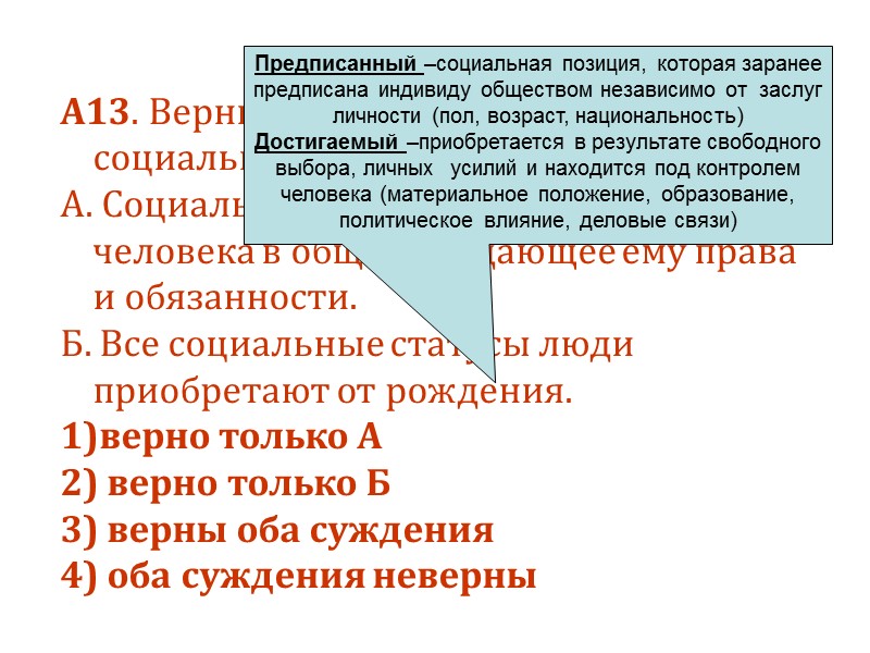А13. Верны ли следующие суждения о социальном статусе? А. Социальный статус — это положение